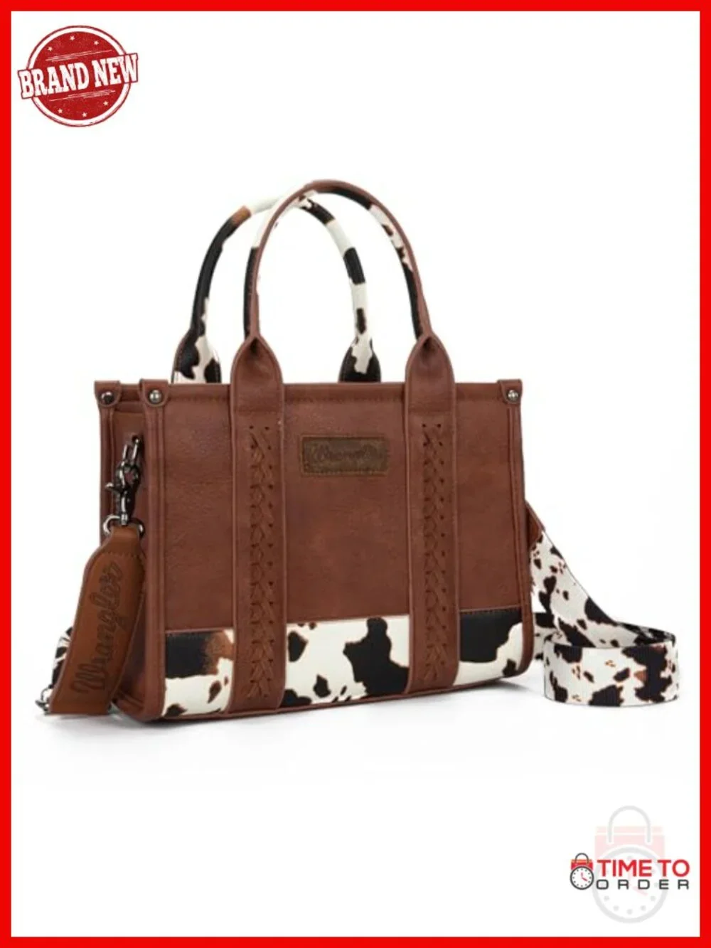 Vegan Leather Cow Print Tote Bag with Whipstitch Design - Wrangler Top Handle
